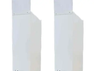 Pair of slim white lecterns with clear acrylic headers and lockable doors near the base