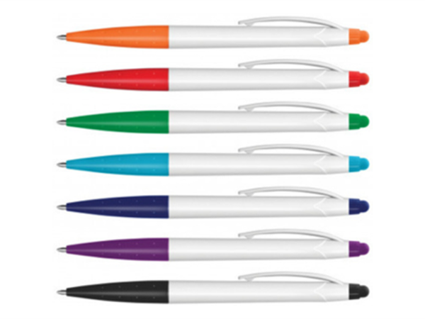 Seven white ballpoint pens in a row, each with a different coloured grip and tip: orange, red, green, light blue, navy, purple and black