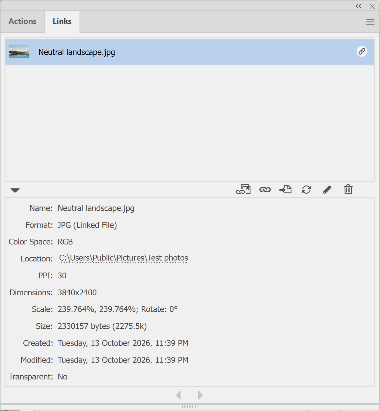 Illustrator Links panel showing the effective PPI of a placed image