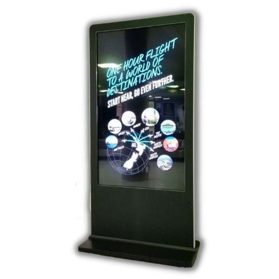Black floor-standing portrait digital kiosk showing a travel advertisement with a world map and destination photos