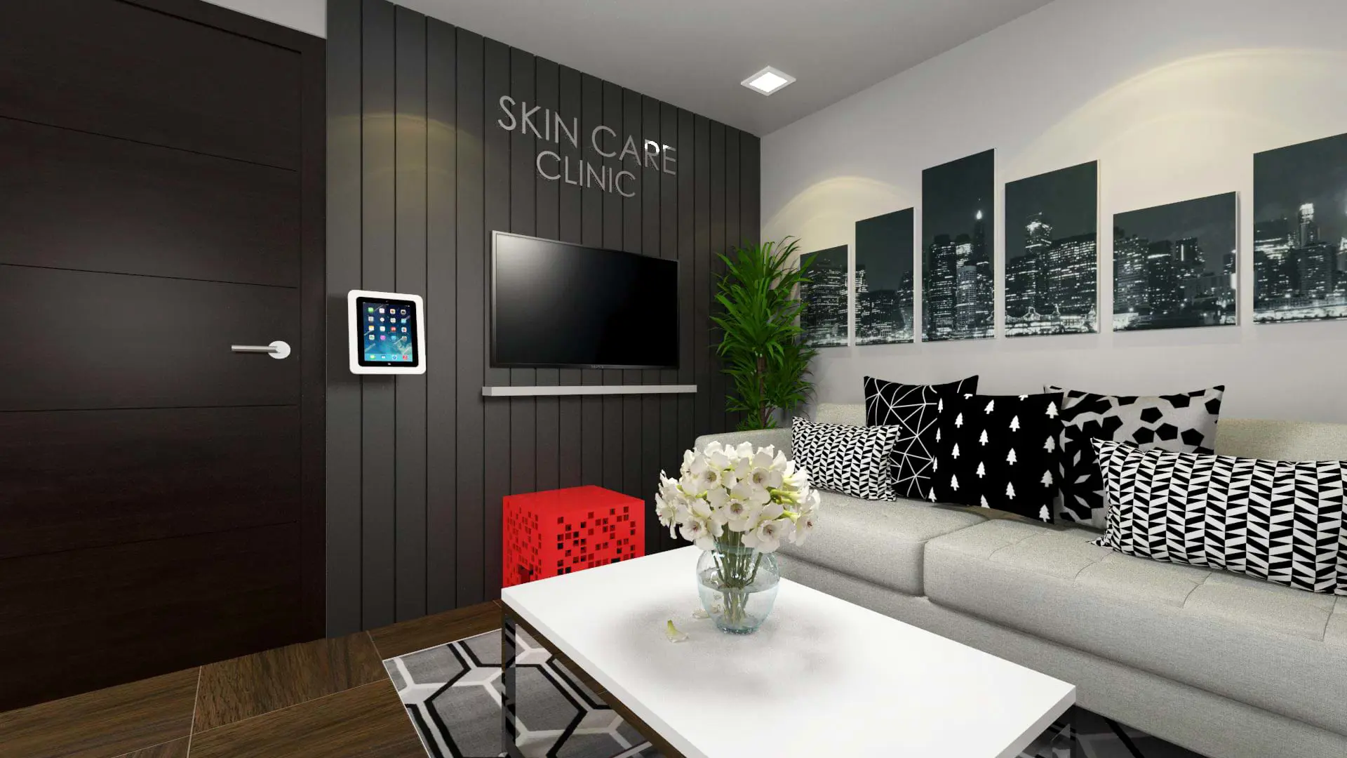 Concept design of a skin care clinic waiting room with a wall screen and tablet
