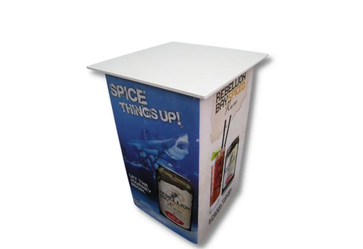 Presenter 600 demonstration table with a printed graphic wrap and white top