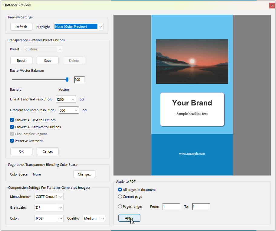 Acrobat Pro Flattener Preview with print flattening settings and all pages selected