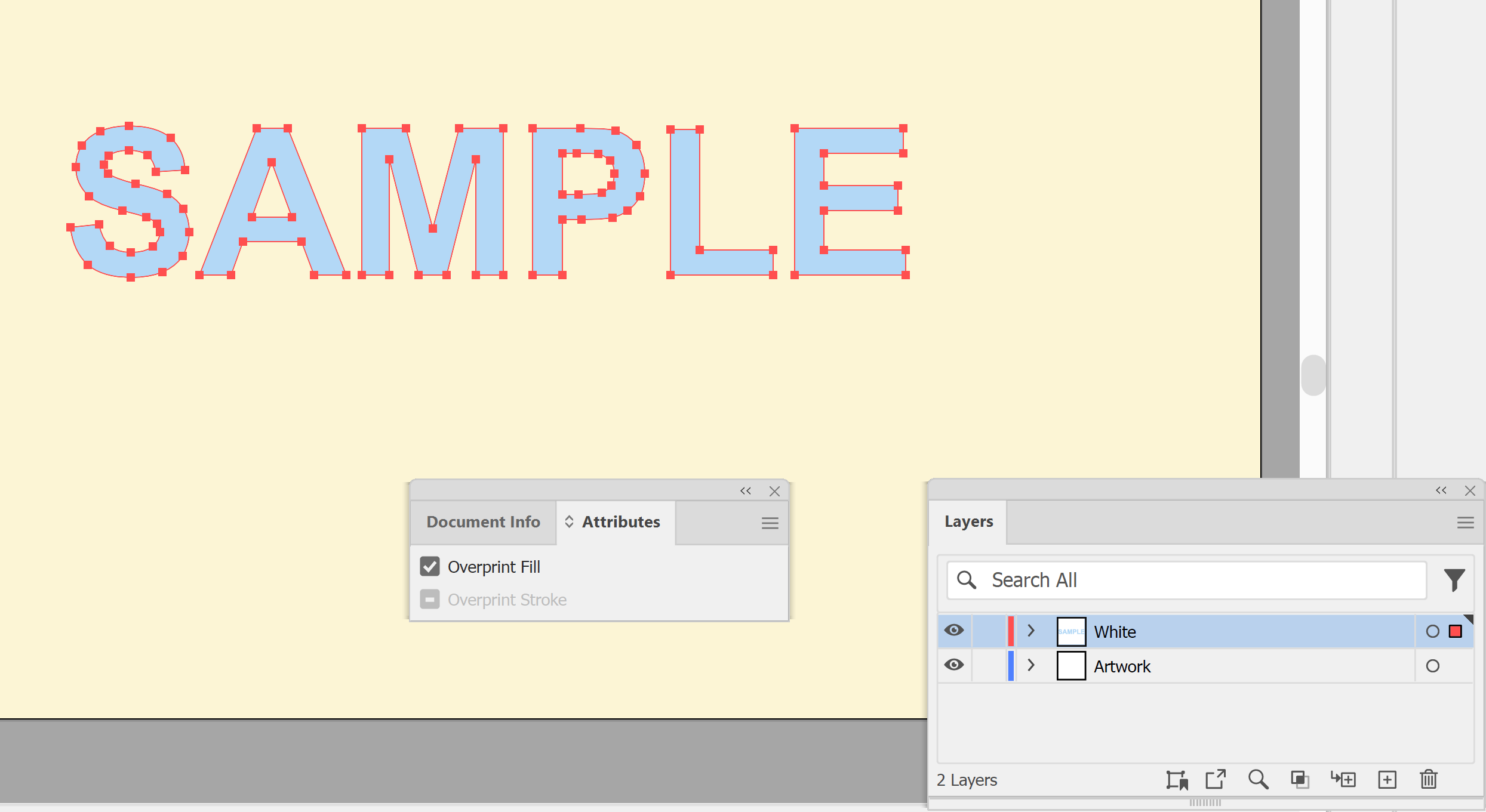 Illustrator Layers panel with a separate White layer above the window artwork and Overprint Fill ticked