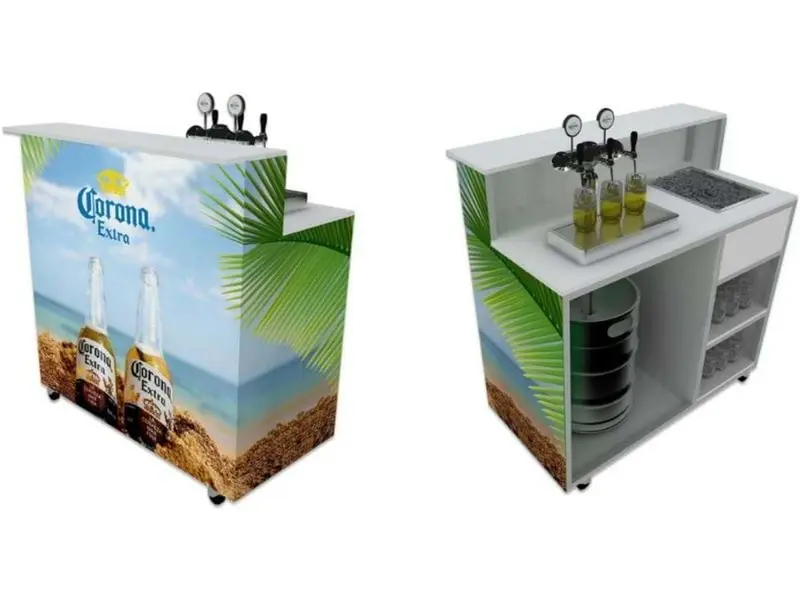 Portable Bar configured with internal keg, beer taps, ice tray and storage
