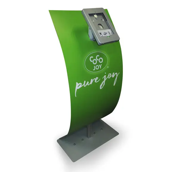 Coco Joy tablet stand with a green panel sweeping down to a flat metal base
