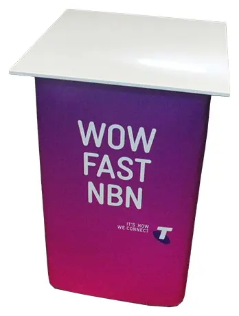 Telstra Wow Fast NBN table with a purple front and large white lettering