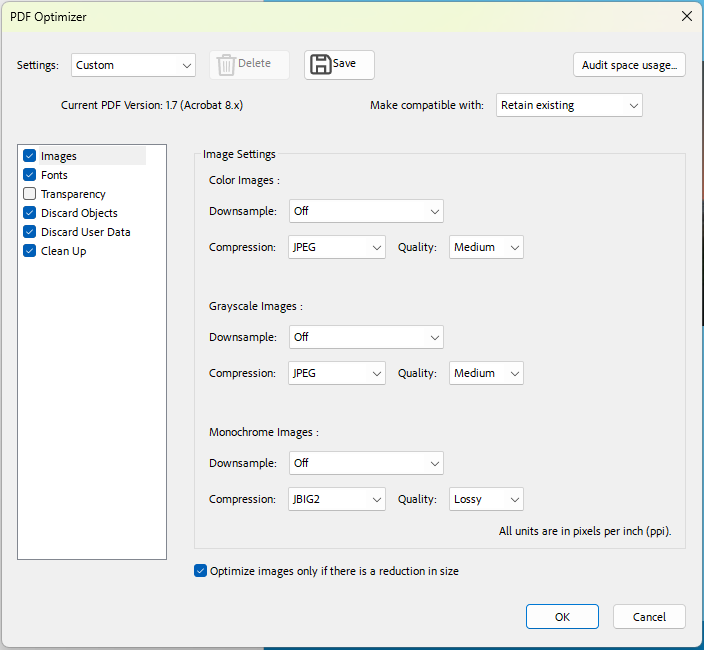 Acrobat Pro PDF Optimizer Images panel with downsampling turned off