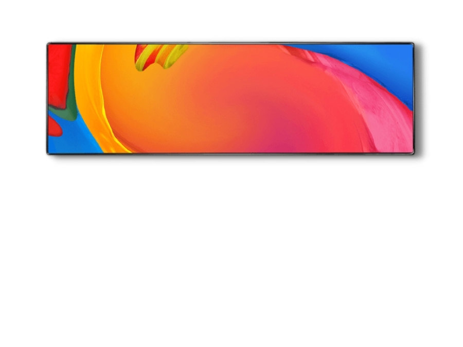 Slim digital banner screen turned horizontal, showing a bright abstract colour graphic