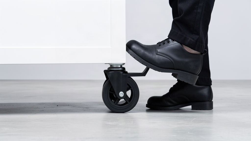 Foot brake on a portable bar castor being locked