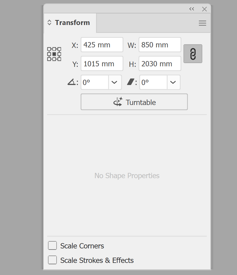Illustrator Transform panel with lock proportions selected