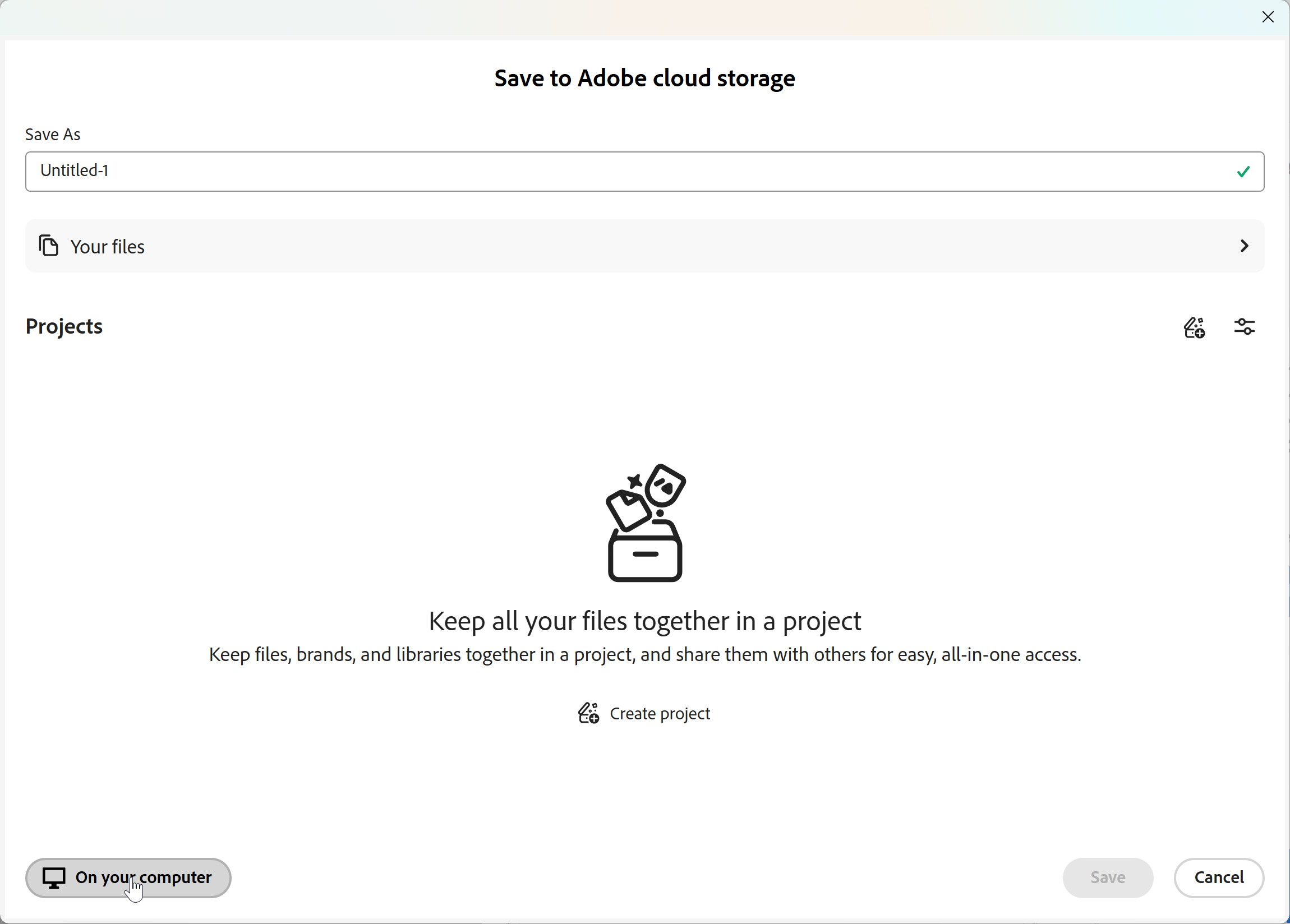 Illustrator Save to Adobe cloud storage dialog with the pointer on On your computer