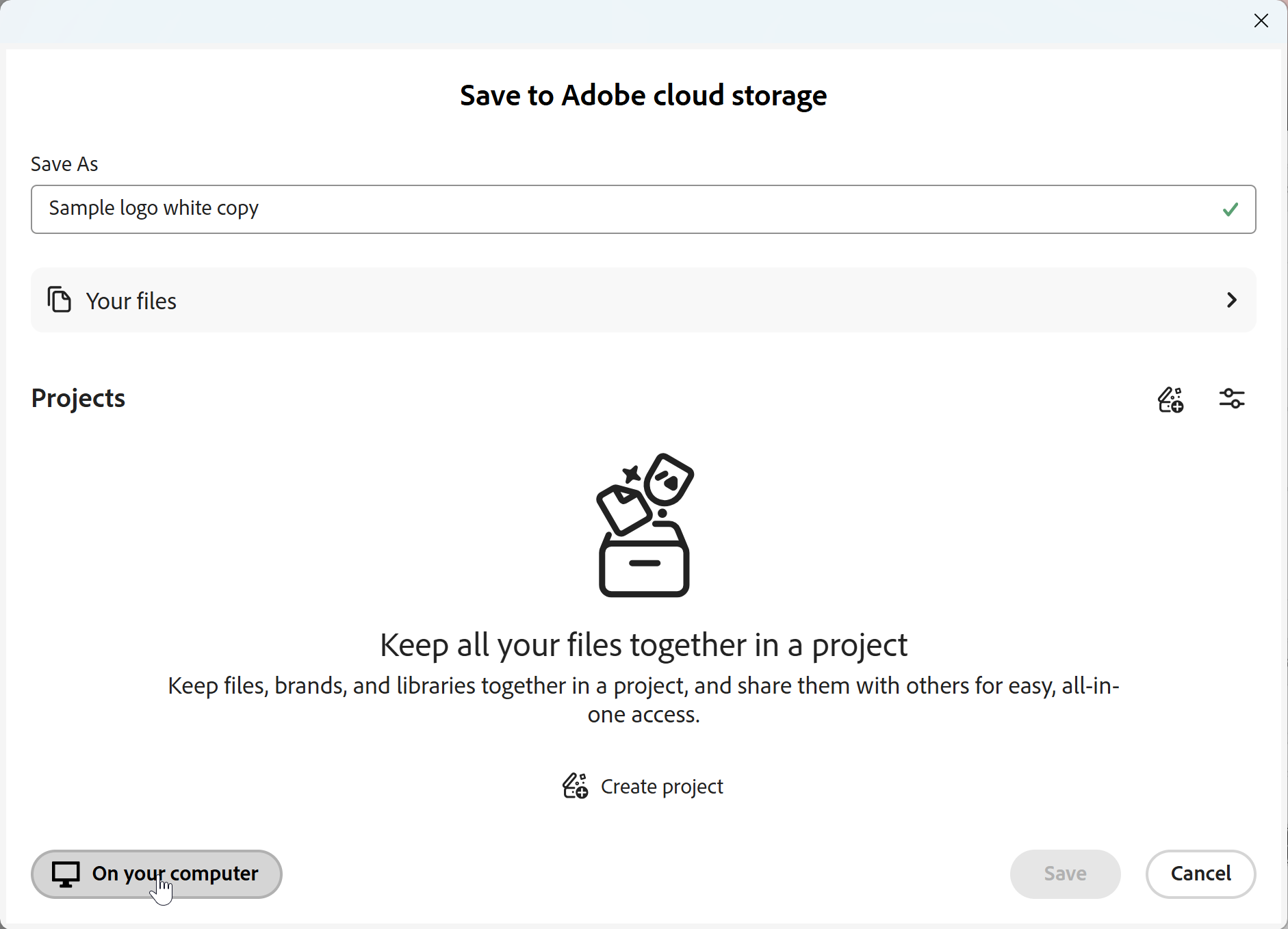 Photoshop Save to Adobe cloud storage dialog with the pointer on On your computer
