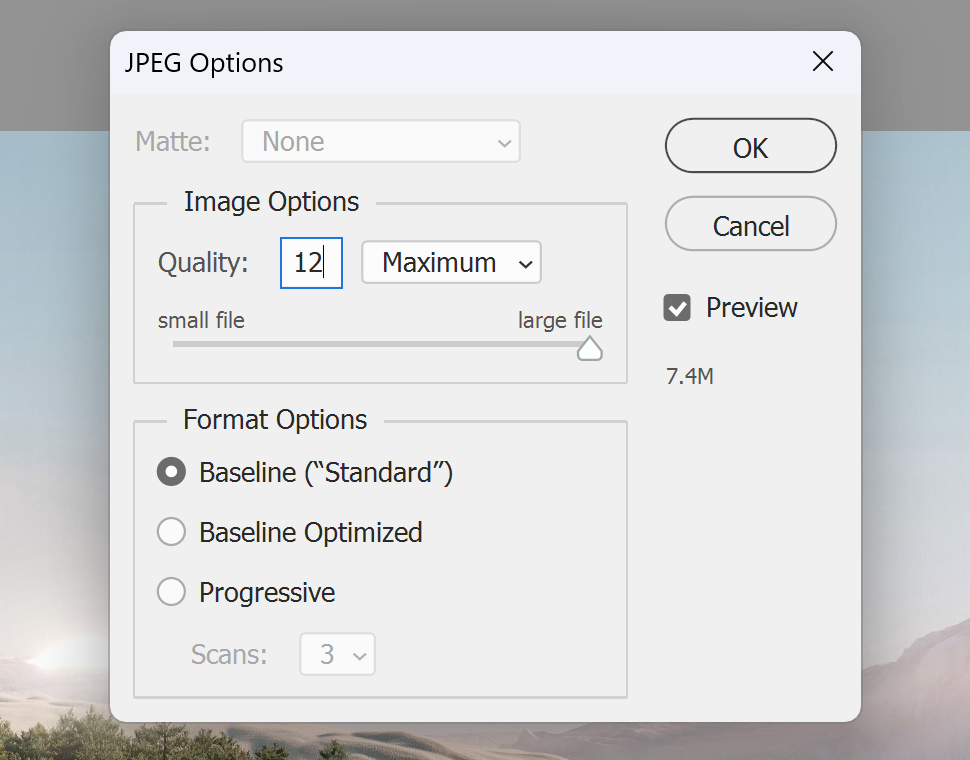 Photoshop JPEG Options dialog with Quality at 12 and Baseline Standard selected