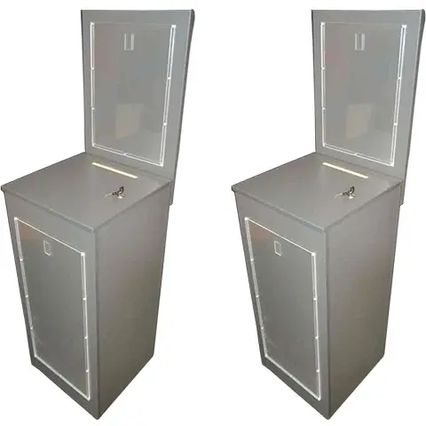 Grey floor-standing Westfield competition boxes with header sign holders and front poster frames