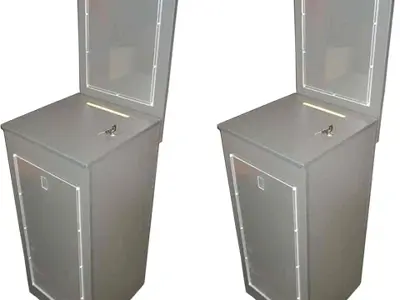 Grey floor-standing Westfield competition boxes with header sign holders and front poster frames