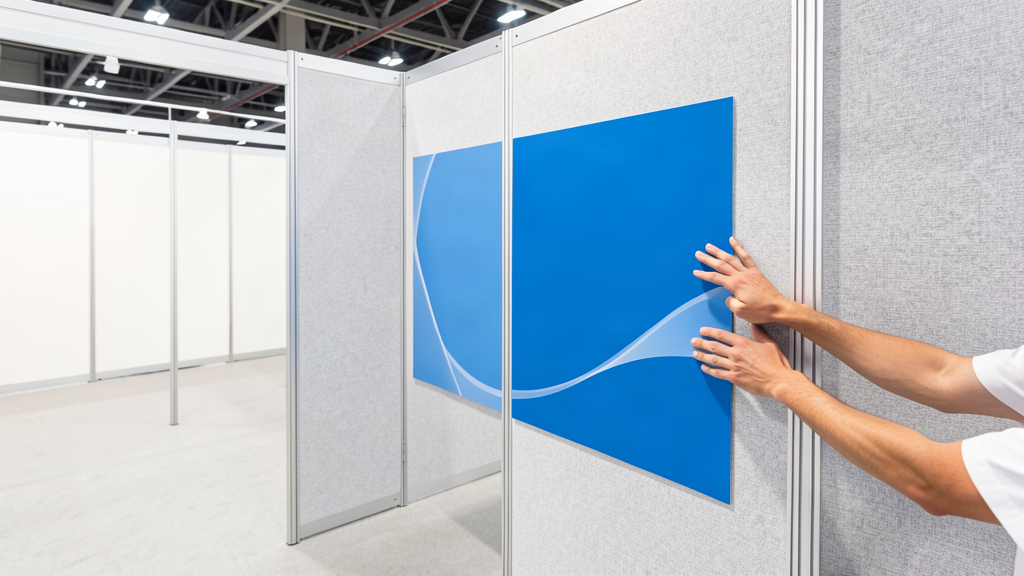 Hands pressing a printed graphic panel onto a carpeted shell scheme wall