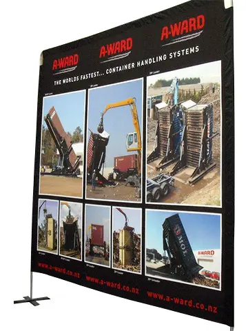 A-Ward banner with a grid of container handling machinery photos on cross-shaped feet