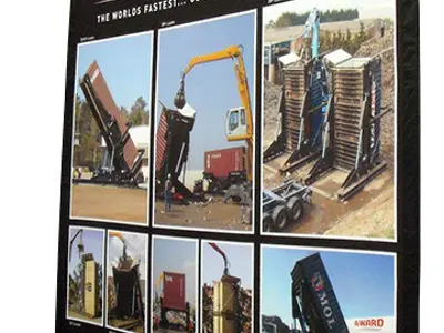 A-Ward banner with a grid of container handling machinery photos on cross-shaped feet