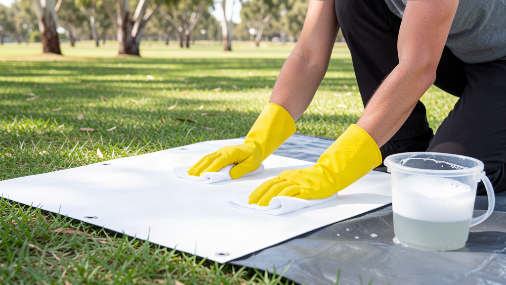 PVC banner being washed with a soft cloth and mild soapy water