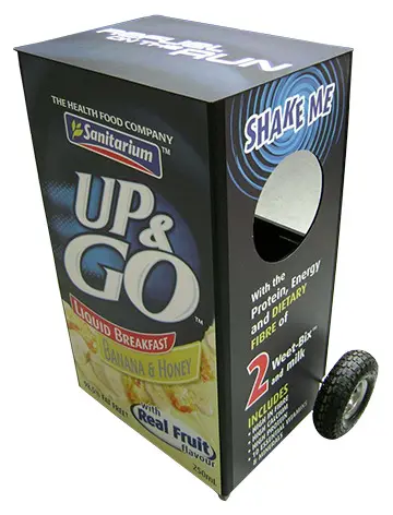 Sampling cart styled as a giant Sanitarium Up&Go Banana & Honey pack on two wheels