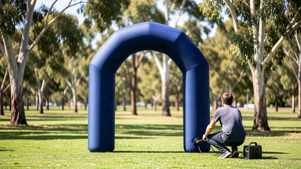 Inflatable arch being pumped up at its valve