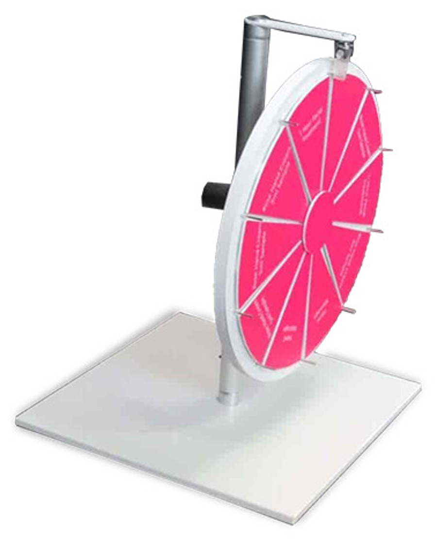 Prize wheel with plain pink segments and no brand logo, mounted on a white square base