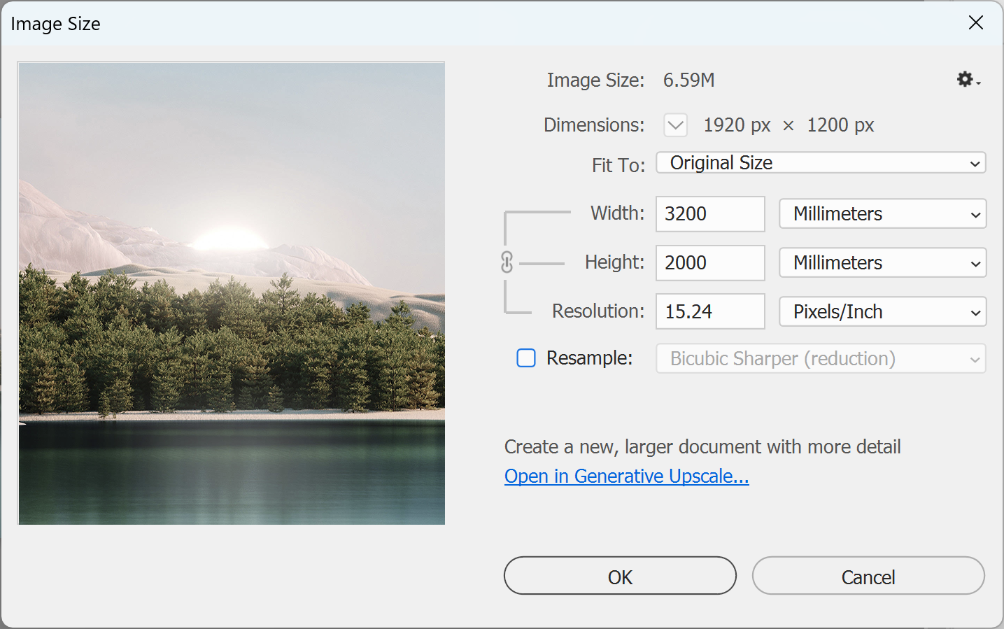 Photoshop Image Size dialog with Resample unchecked, showing the resolution a small image prints at when set to 2,000mm tall