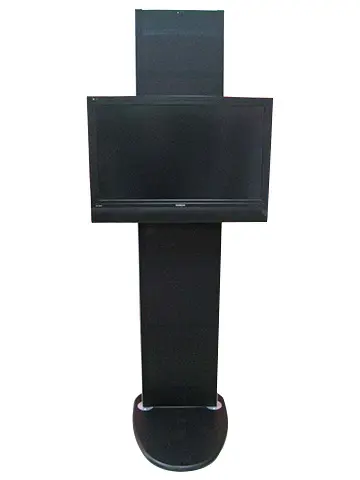 Landscape TV on a slim black column with a header panel above and rounded base