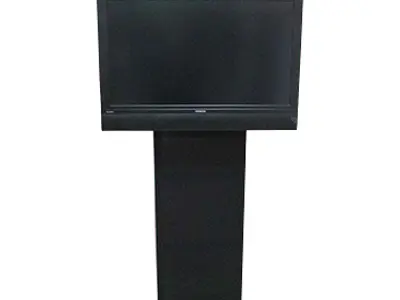 Landscape TV on a slim black column with a header panel above and rounded base