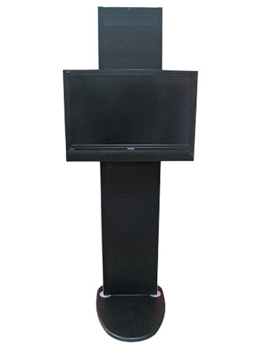 Black TV 2 Go stand holding a wide flat screen on a slim column, with a header panel above and a rounded base