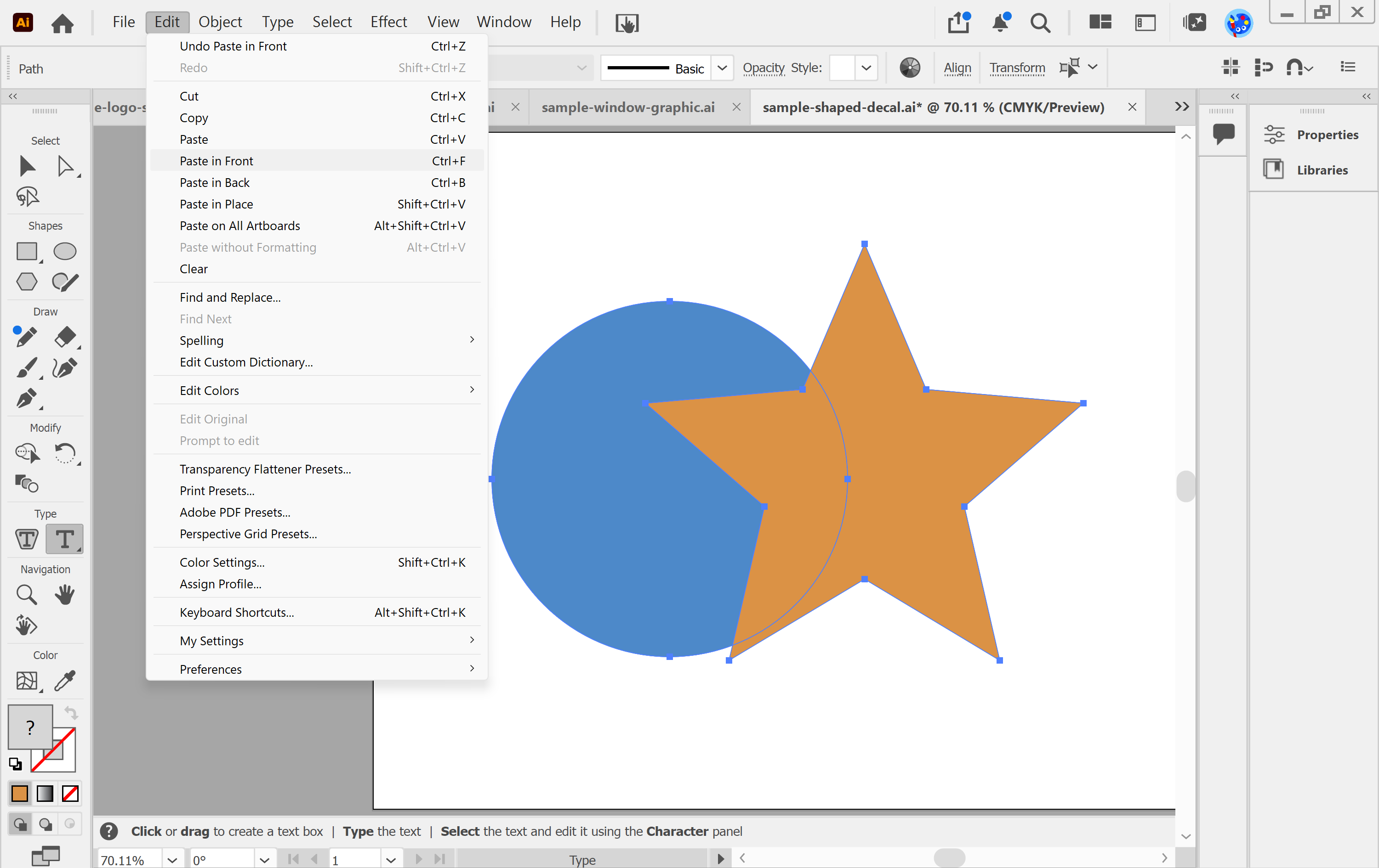 Illustrator Edit menu with Paste in Front highlighted over a selected copy of a circle and star shape