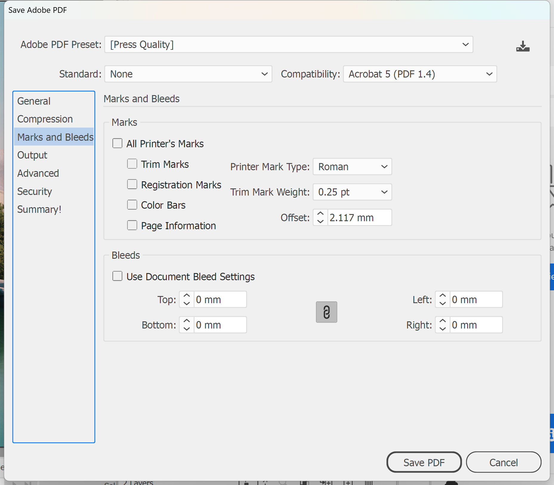Illustrator Save Adobe PDF dialog with the Press Quality preset and no printer's marks