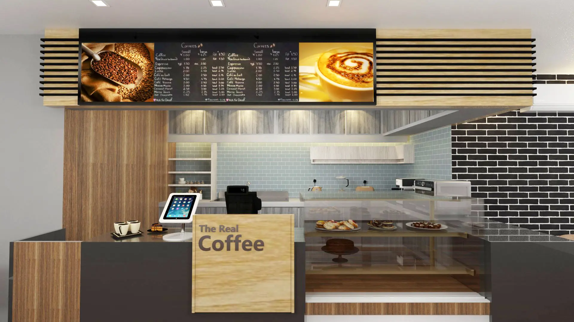 Concept design of a café with a timber-slat framed digital menu board above the counter