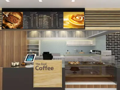 Concept design of a café with a timber-slat framed digital menu board above the counter