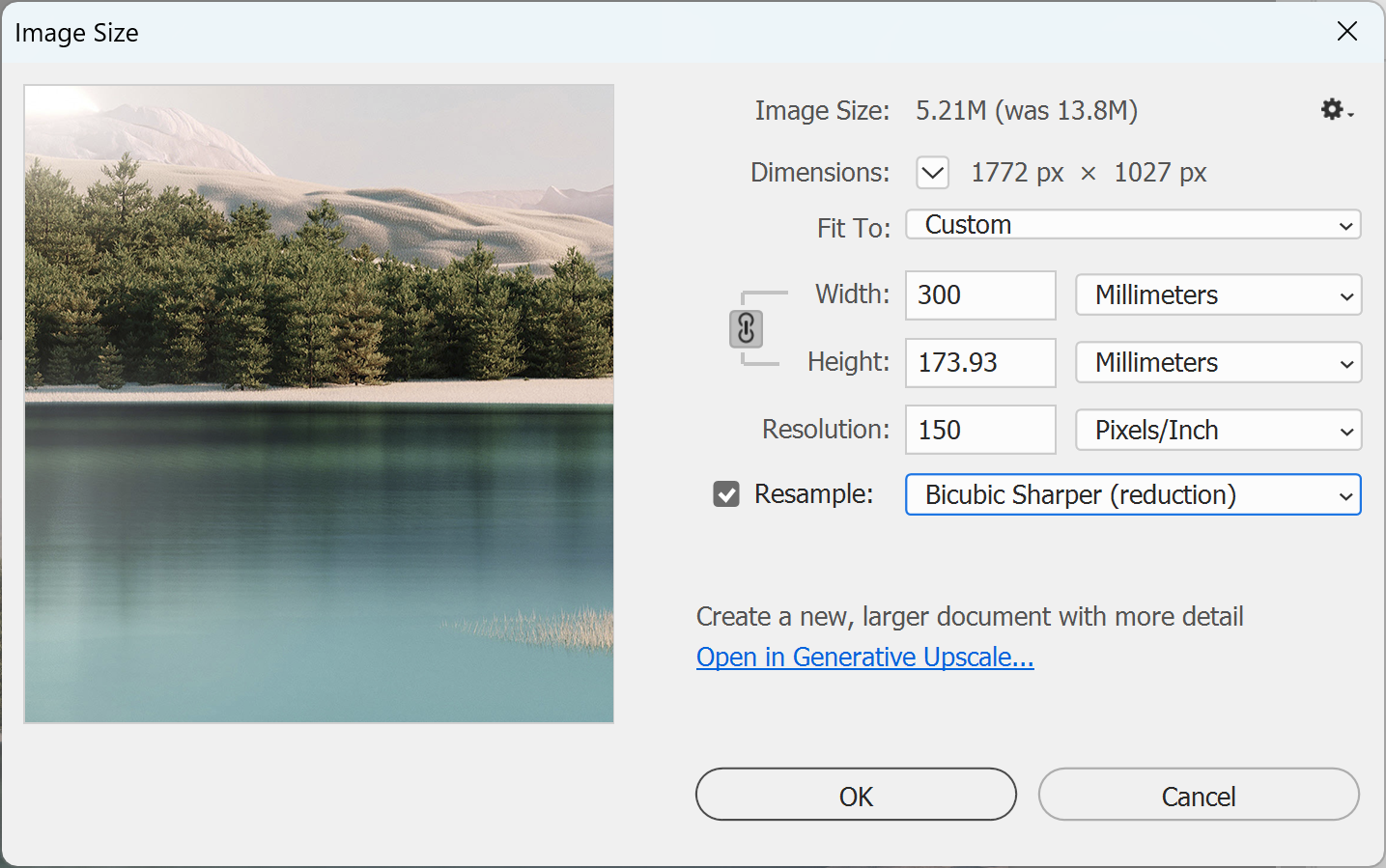 Photoshop Image Size dialog with Resample set to Bicubic Sharper and Resolution at 150 pixels per inch