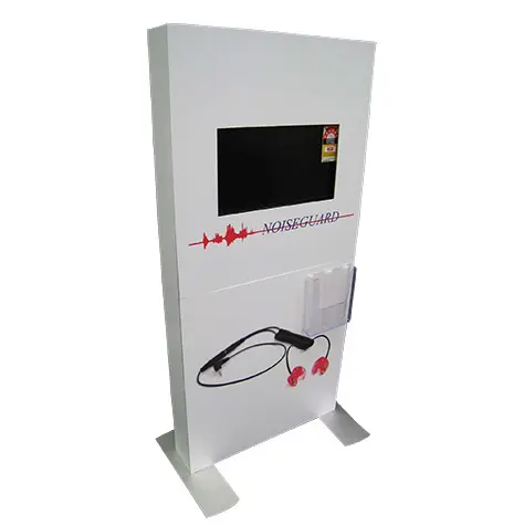 Noiseguard TV stand with corded earplugs mounted below the screen and a brochure holder