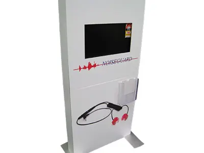 Noiseguard TV stand with corded earplugs mounted below the screen and a brochure holder