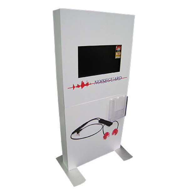 Free-standing white display tower on flat feet, with a screen set into the upper panel, a printed logo, a product image and a clear brochure holder