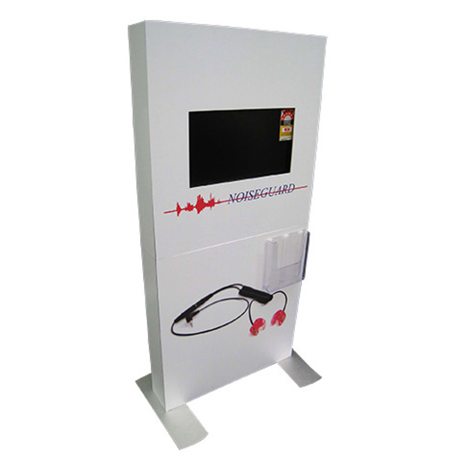 Free-standing white display tower on flat feet, with a screen set into the upper panel, a printed logo, a product image and a clear brochure holder