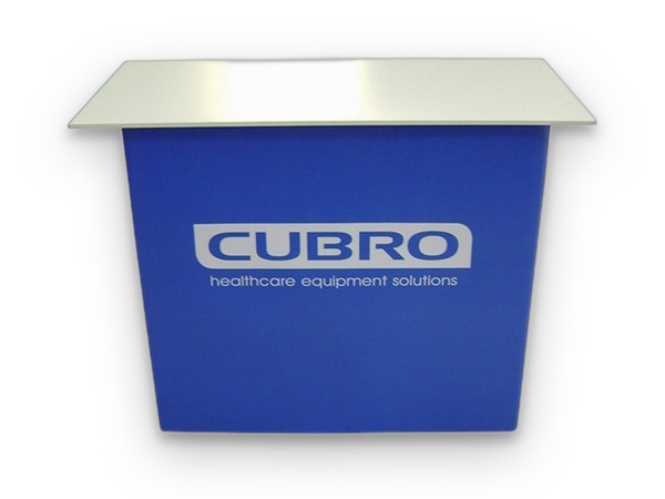 Rectangular folding counter with a pale grey top and a blue printed wrap carrying a company logo