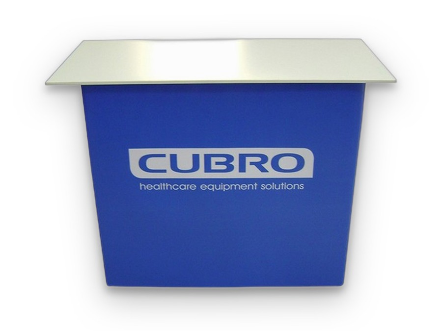 Rectangular folding counter with a pale grey top and a blue printed wrap carrying a company logo