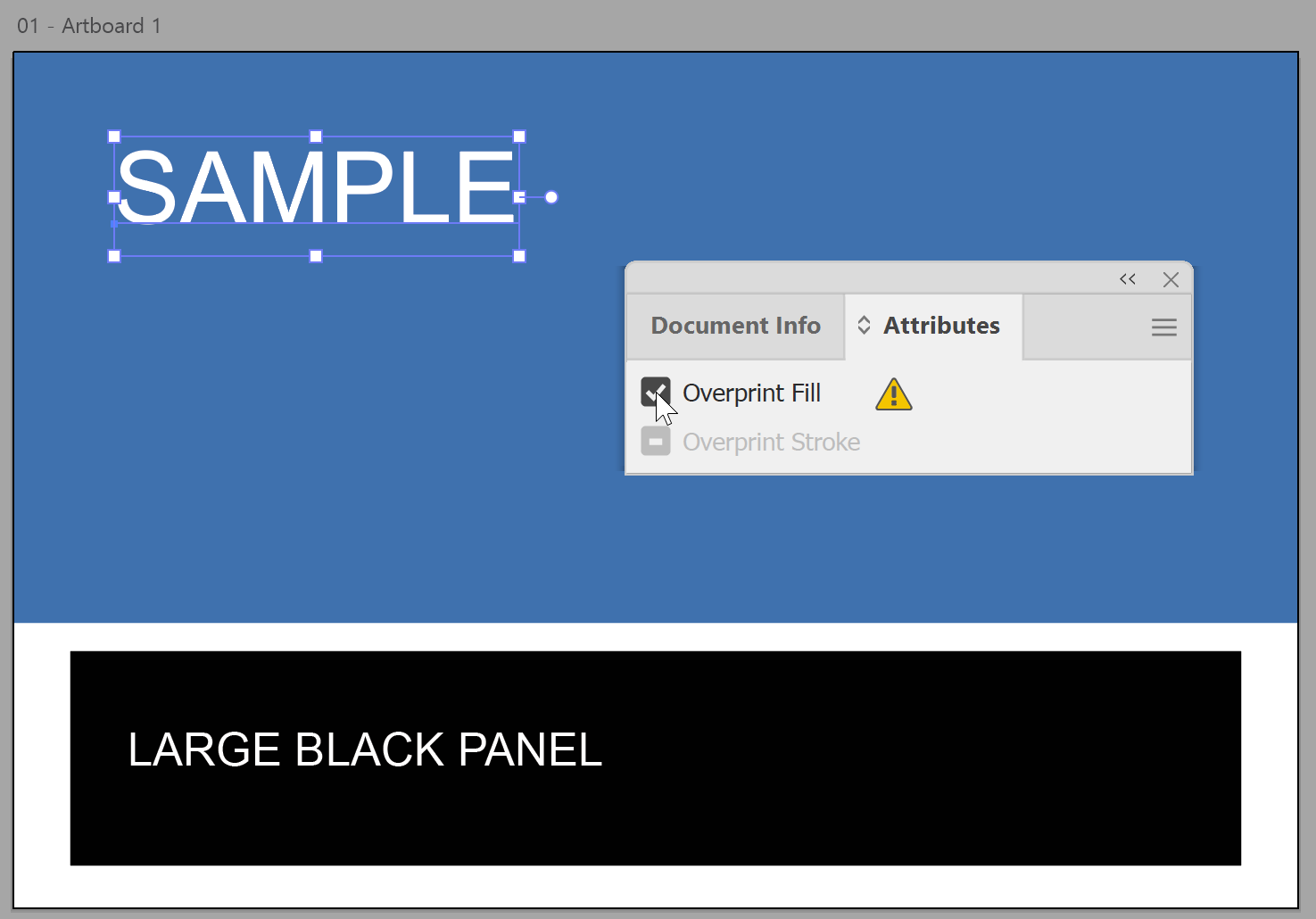 Illustrator Attributes panel showing Overprint Fill ticked on a white text object