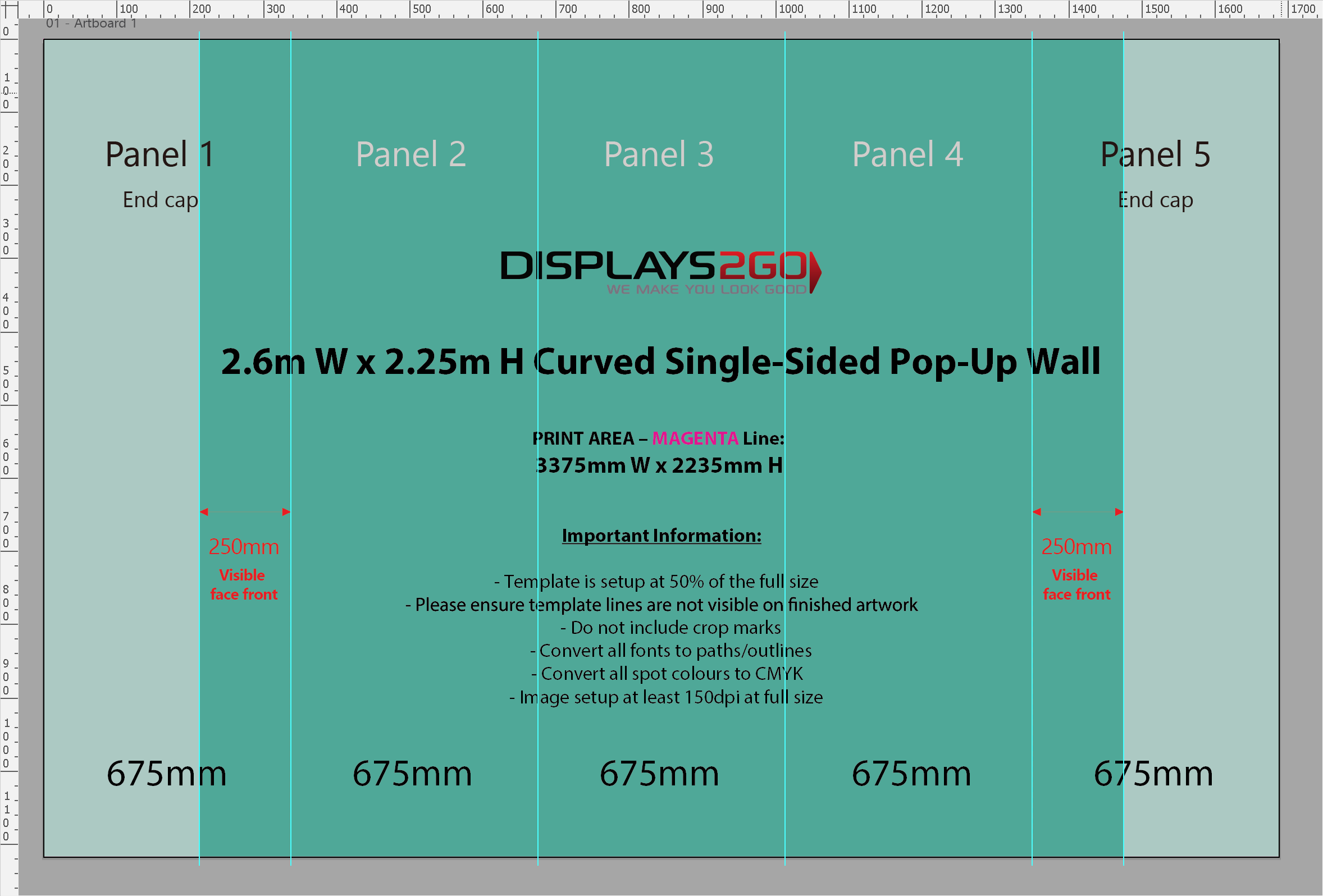 Illustrator artboard with guides marking pop-up panel joins and end cap edges