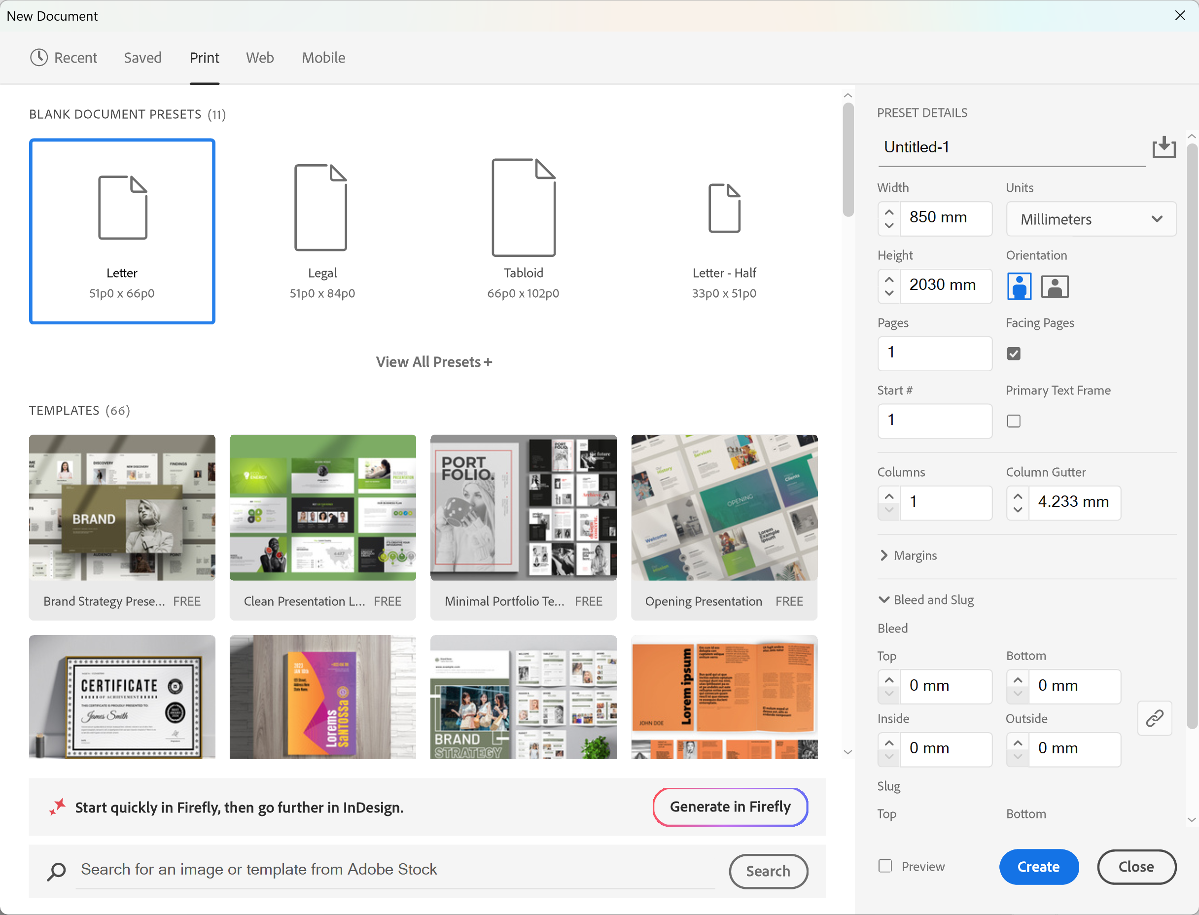 InDesign New Document set to 850 x 2030mm with bleed at 0mm