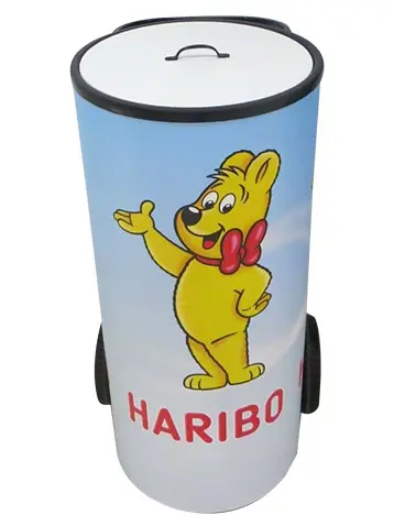 White Haribo cooler trolley on two wheels with a handled lid and gold bear graphic