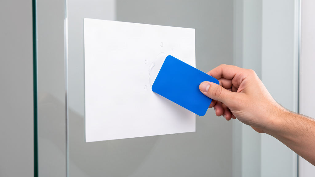 Squeegee being pulled across a window decal from the centre outwards