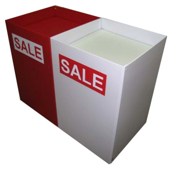 Two square floor bins joined side by side, one red and one white, each printed with a SALE panel