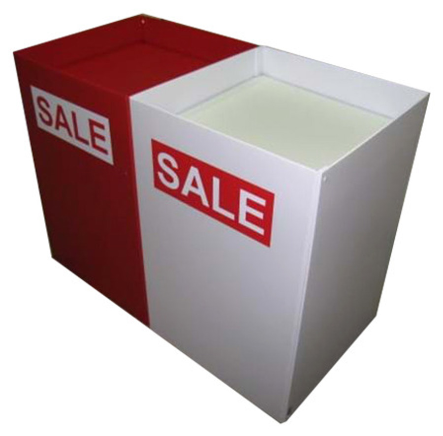 Two square floor bins joined side by side, one red and one white, each printed with a SALE panel