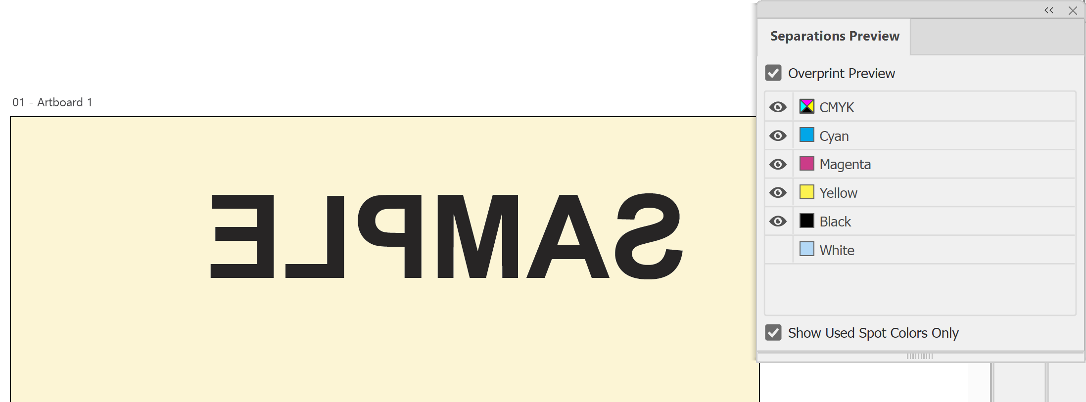 Illustrator Separations Preview with Overprint Preview on and the White spot colour hidden on mirrored artwork